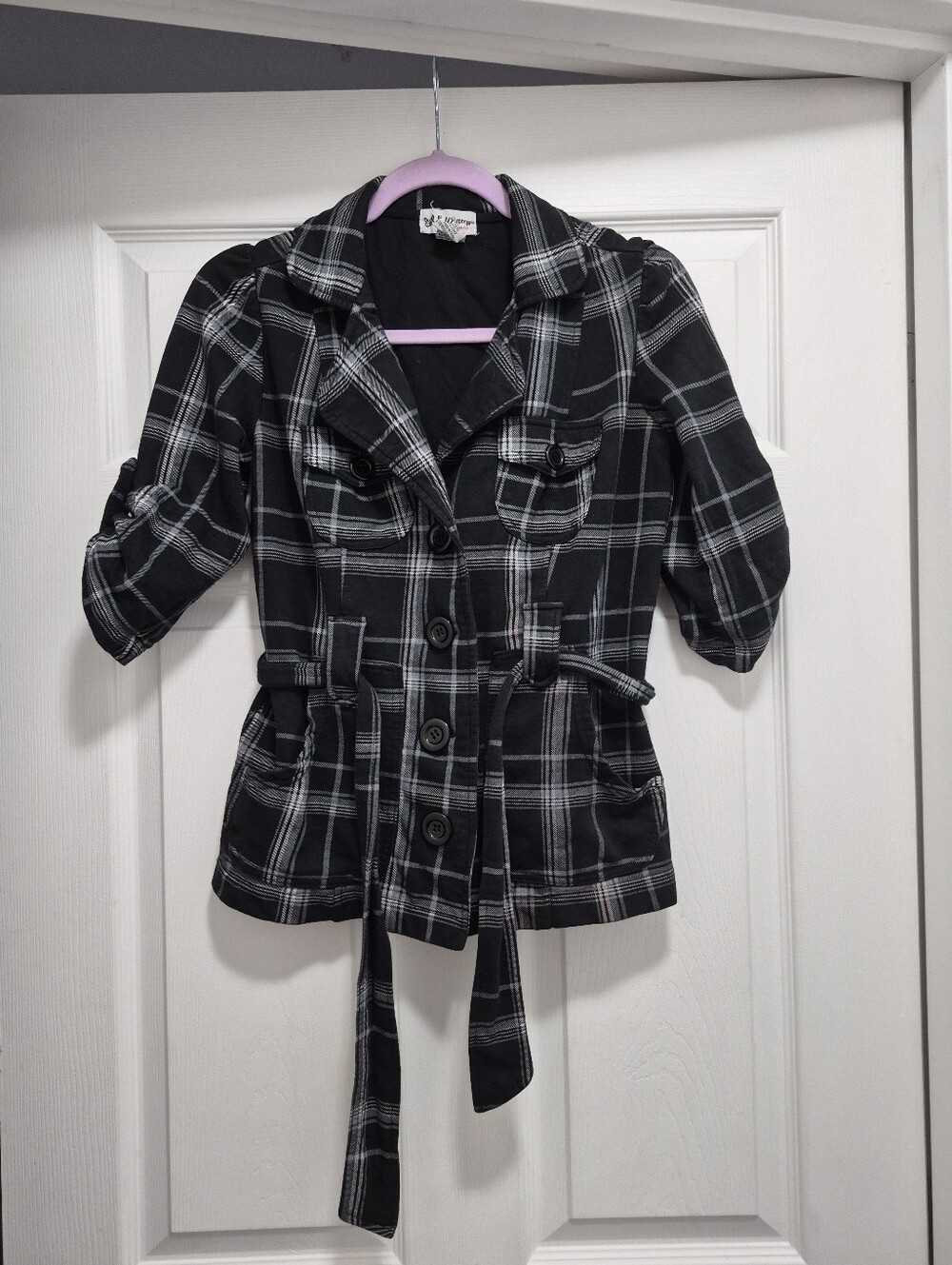 Plaid Short Trench Jacket - Black & White